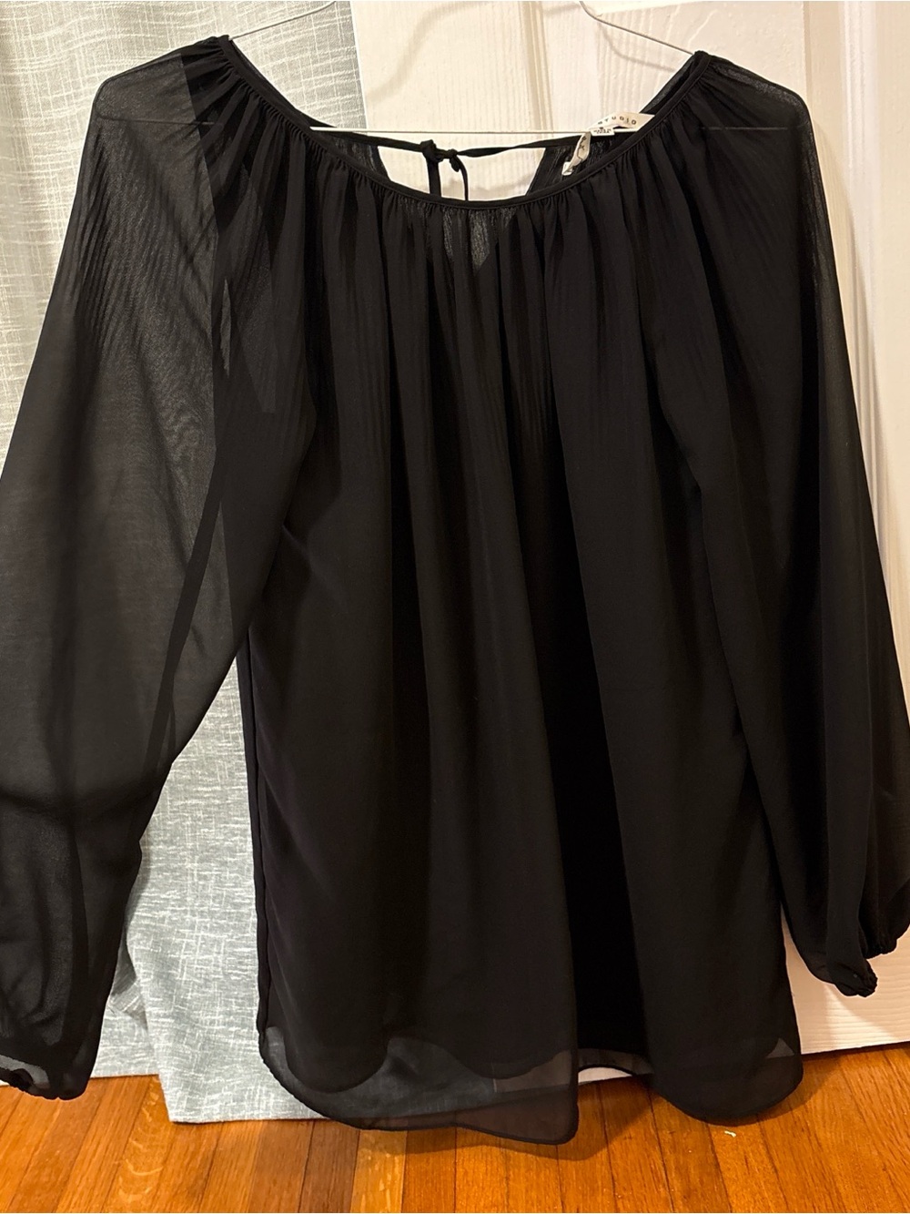 Max Studio Black Sheer Long-Sleeve Peasant Top